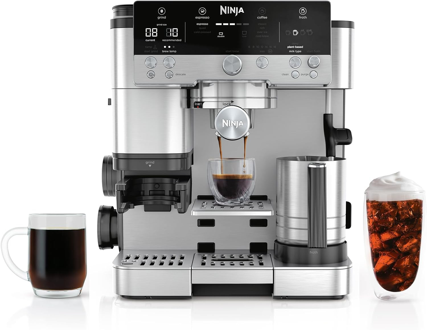 Ninja Luxe Café Premier 3 合 1 浓缩咖啡机、滴咖啡和快速冷萃 | 内置咖啡研磨机、免提奶泡机、卡布奇诺和拿铁辅助夯具 | 不锈钢 | ES601